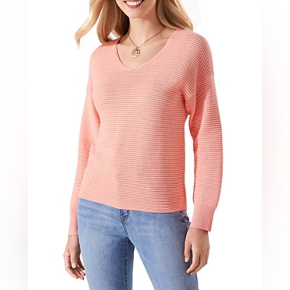 Tommy Bahama Sweaters - Tommy Bahama Bonita Mini Sequin Rib Knit Long Sleeve V-Neck in Coral Sweater
